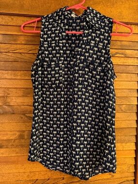 Sleeveless Portofino Shirt Navy Palm Tree Print Blouse